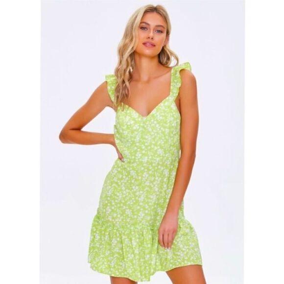 New with tags Forever 21 Dress Flounce Lime Green/white floral size M - Picture 1 of 9